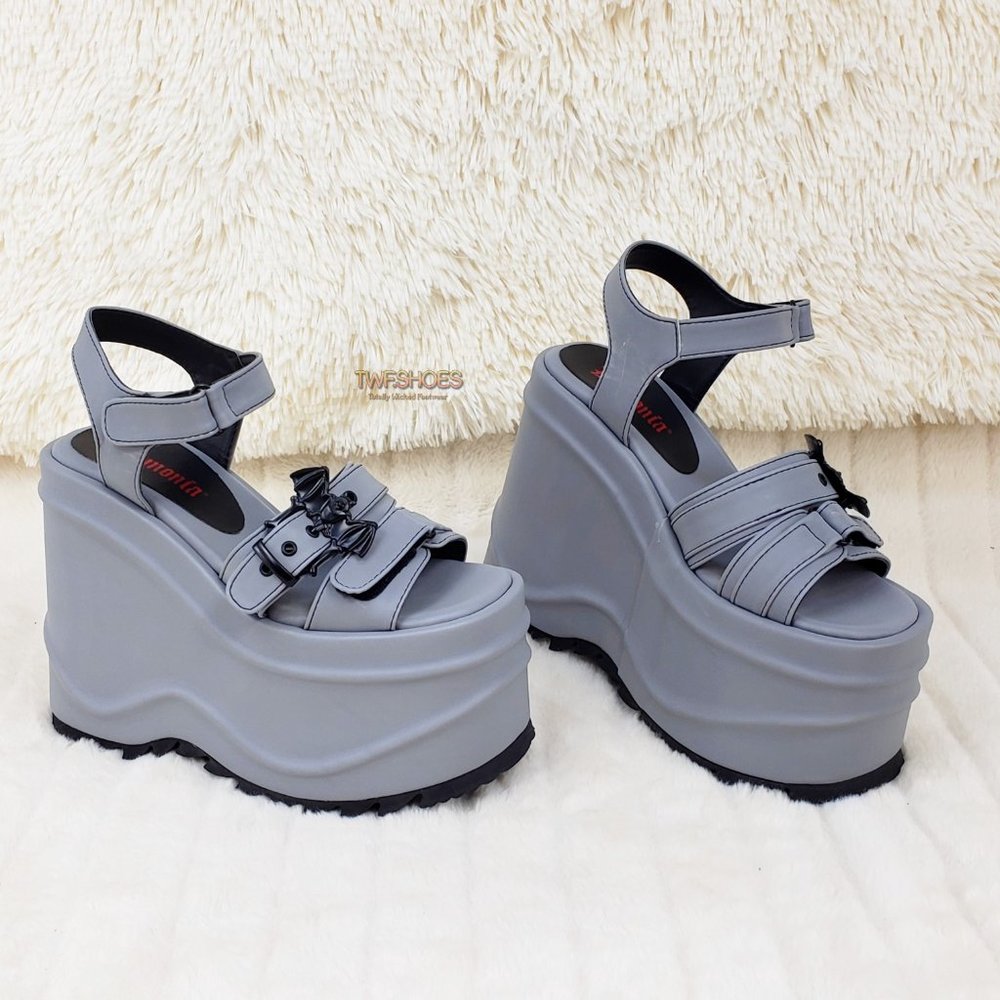 Reflective 6" Platform Goth Wedge Sandals Wave Gray - Picture 12 of 17